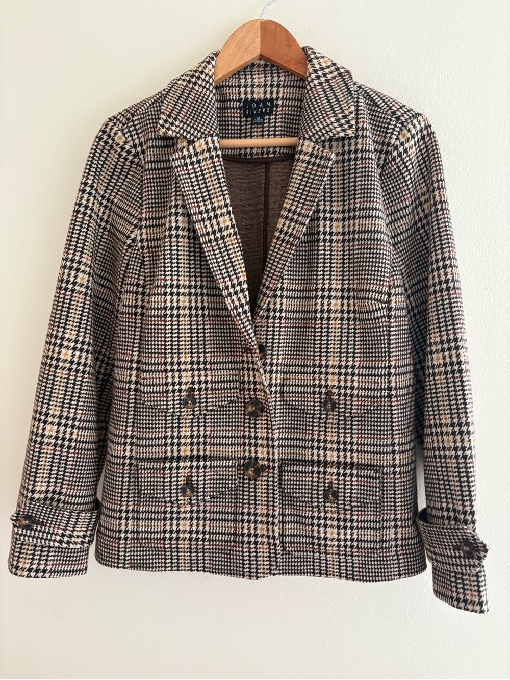Vintage Joan Rivers Plaid Double-Breasted Blazer in Brown and Cream